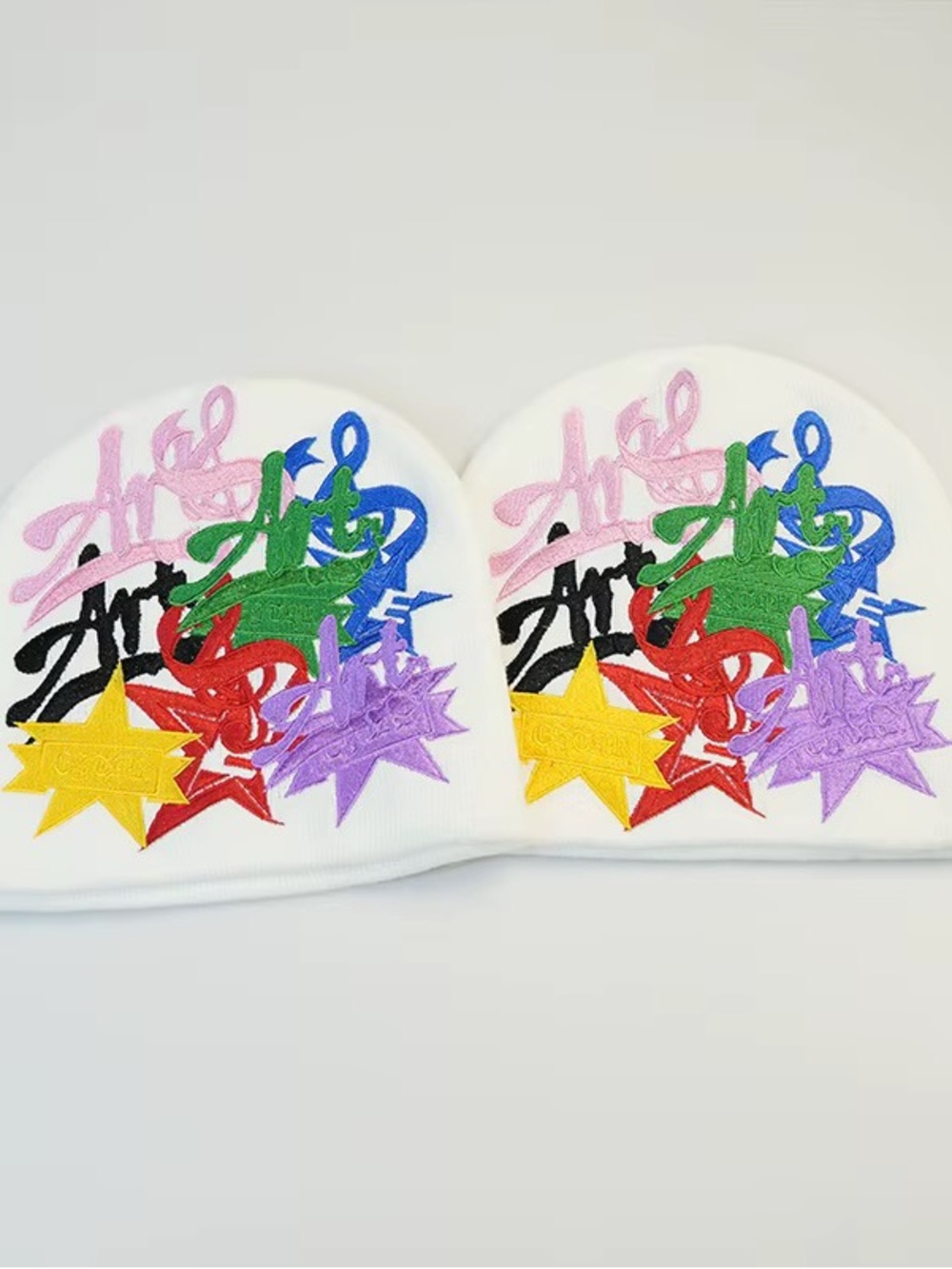 Bape White Beanie with Multicolor Star & Graffiti Embroidery